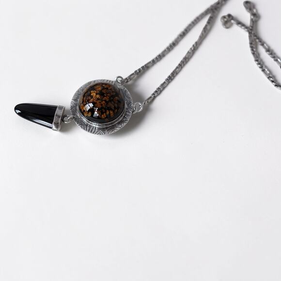 Vintage Sterling Silver Black Onyx Amber Resin Pendant Necklace Artisan 26 Inch - Picture 6 of 12